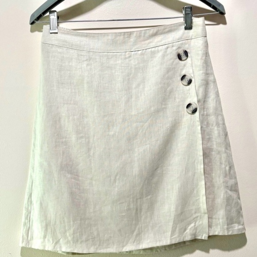 Tahari Linen Mini Skirt XS Cream‎ Button Detail Summer A-Line